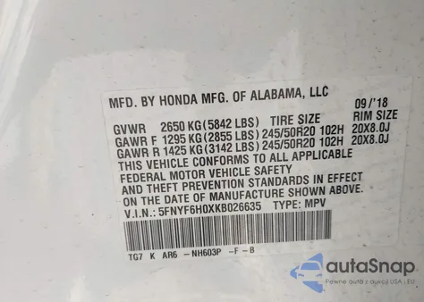 2019 Honda Pilot Elite z USA, uszkodzony, nr VIN 5FNYF6H0XKB026635